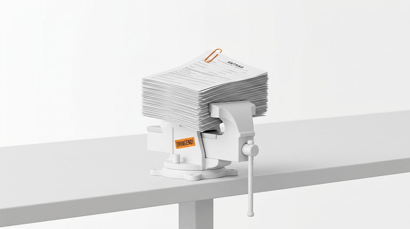 Ein Stapel Papier mit der Aufschrift „ANTRAG“ eingespannt in einen weißen Schraubstock
