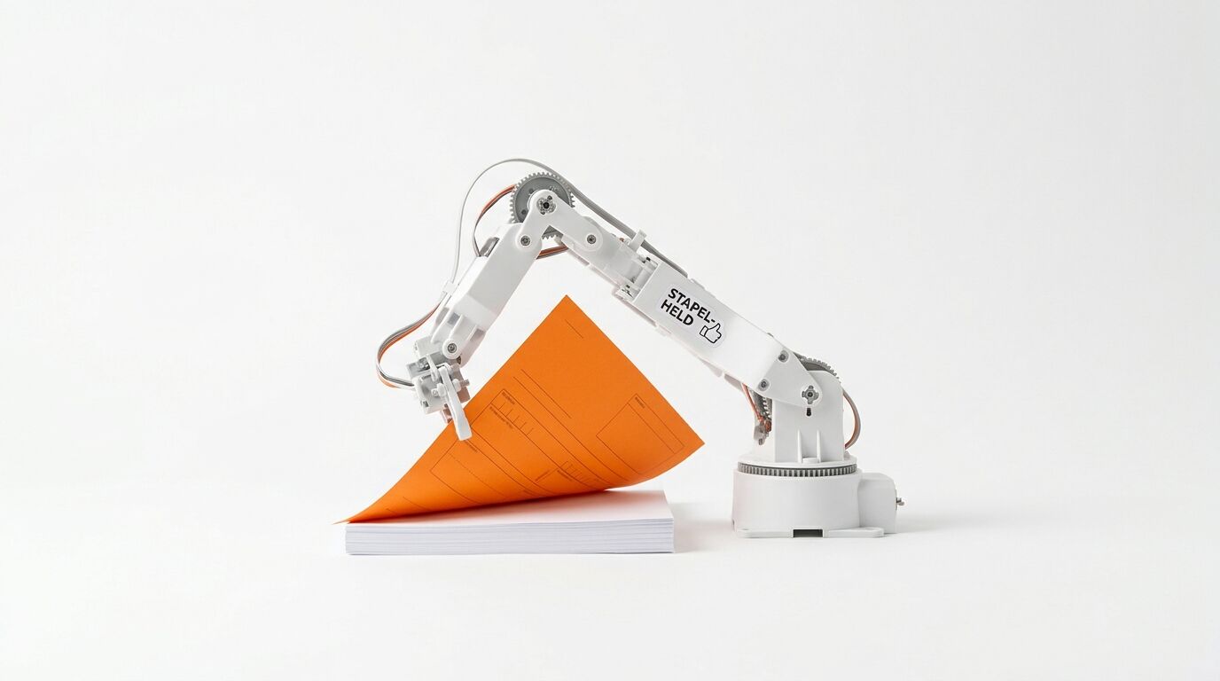 Roboterarm hebt orangefarbenes Blatt von weißem Papierstapel. Aufschrift „STAPELHELD“ am Arm