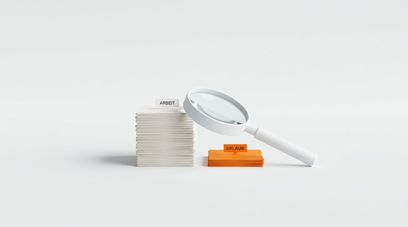 Großer Stapel Papier (Arbeit) und kleiner orangefarbener Stapel (Urlaub) mit Lupe