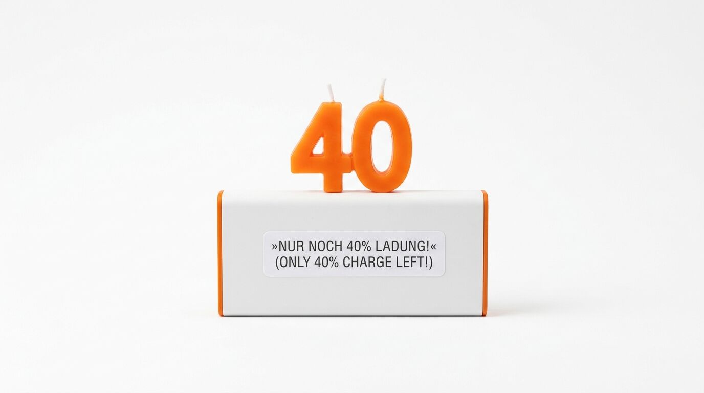 Die orangefarbene Kerzenzahl 40 auf einer weißen Schachtel mit Text