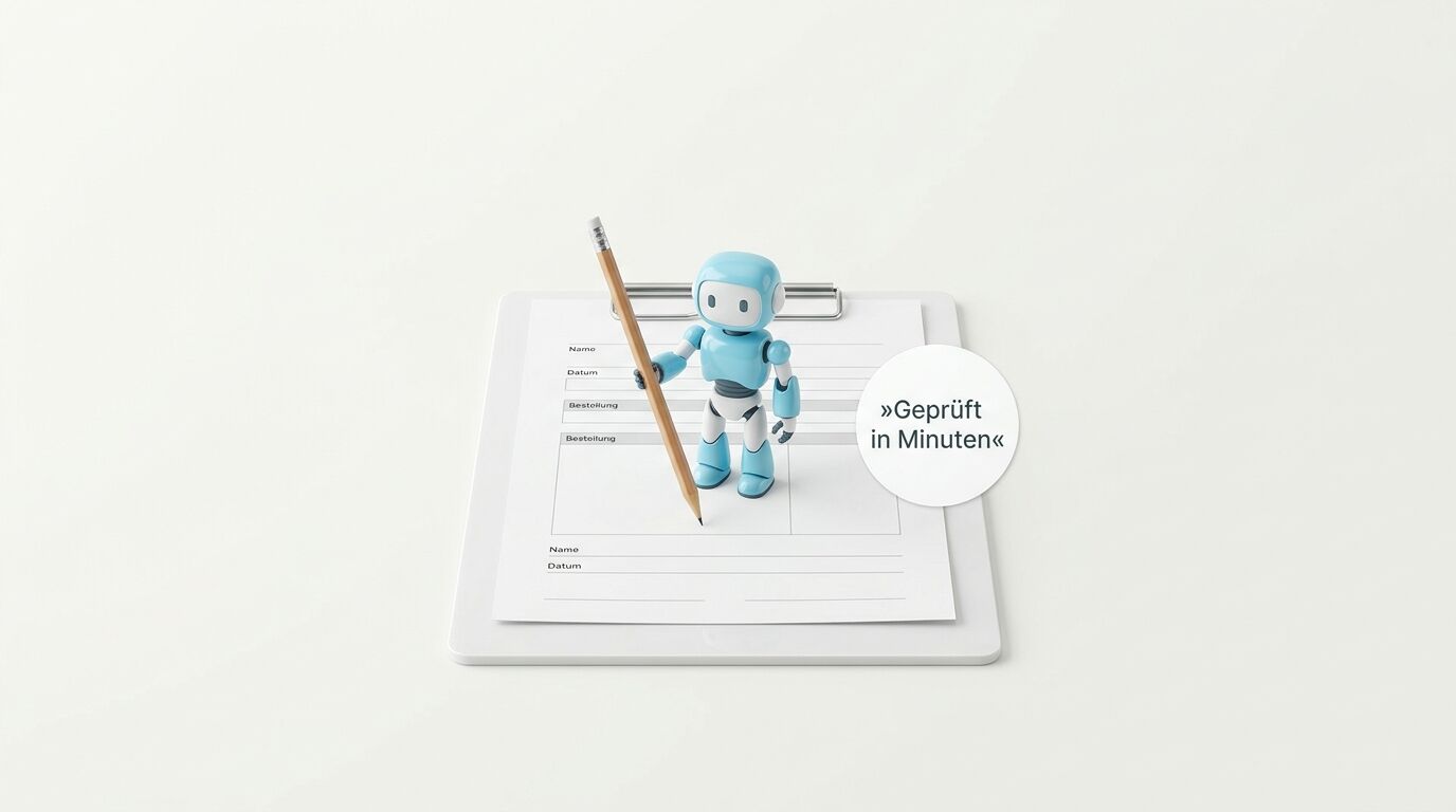 Blauer Roboter mit Stift auf Klemmbrett; Textplakette: »Geprüft in Minuten«; weißer Hintergrund