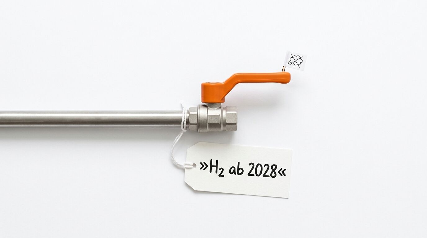 Metallhahn mit orangem Griff und Schild „»H2 ab 2028«“