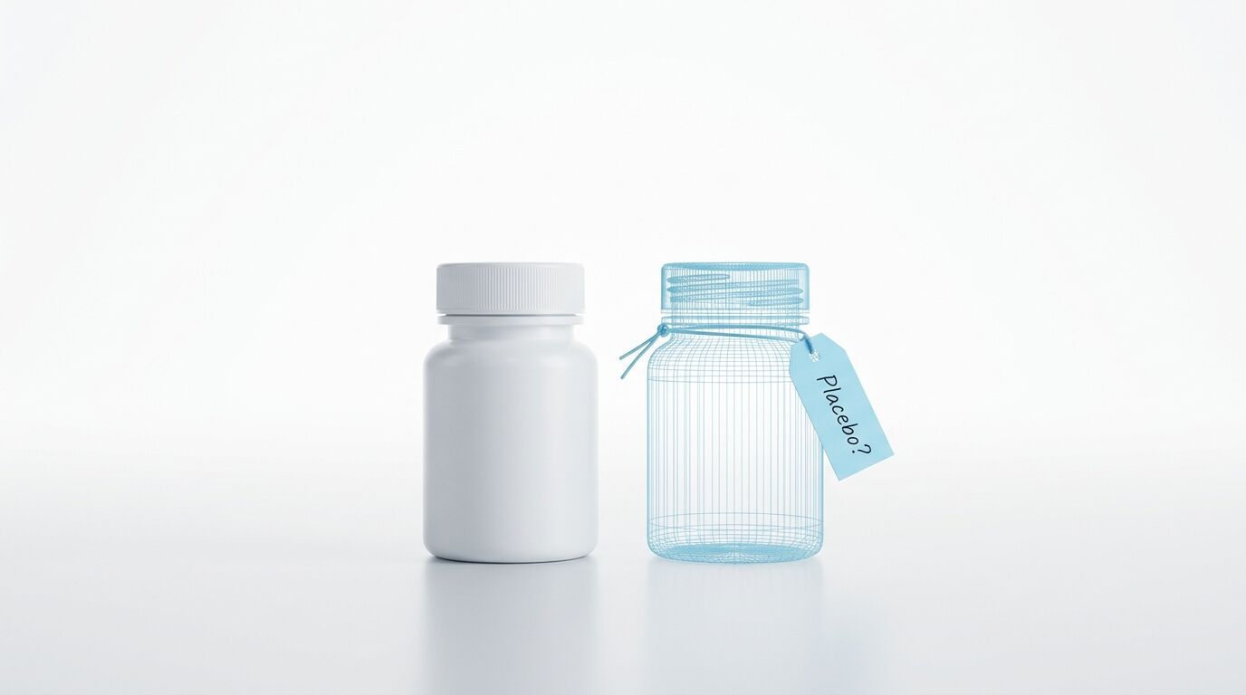 Zwei Fläschchen nebeneinander: ein festes weißes und ein blaues Gittermodell mit Anhänger „Placebo?“