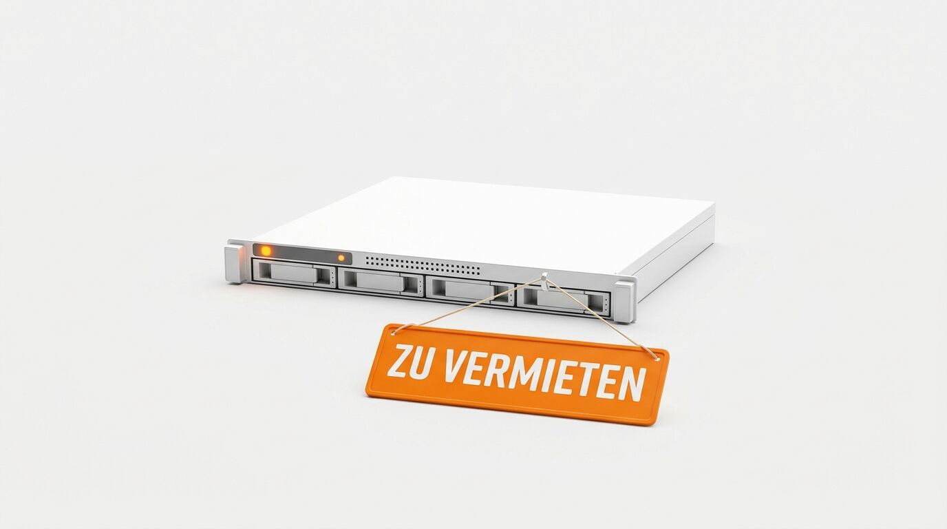 Ein Server mit orangefarbenem „ZU VERMIETEN“-Schild auf weißem Grund