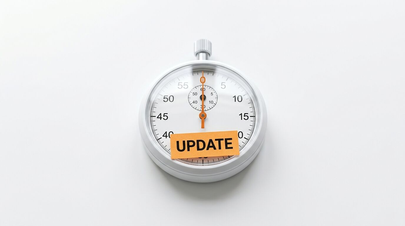 Stoppuhr mit orangefarbenem Aufkleber „UPDATE“ vor weißem Hintergrund