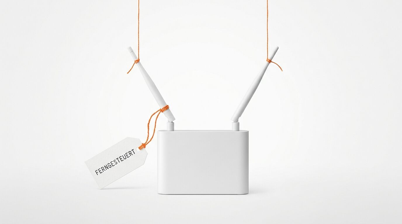 Hängender Router mit Tag „FERNGESTEUERT“ an orangefarbenen Fäden