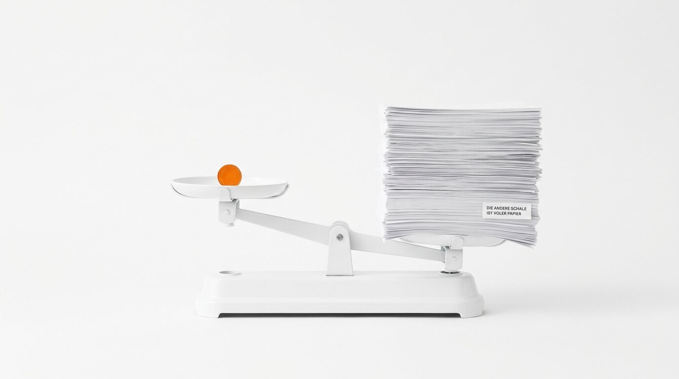 Weiße Waage mit einer Münze links und einem Papierstapel rechts auf weißem Grund