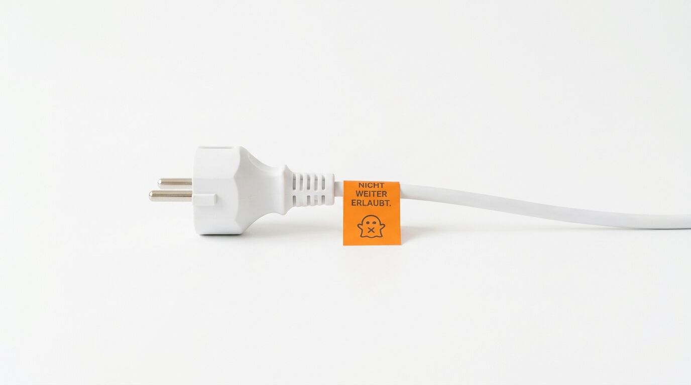 Weißer Schuko-Stecker auf weißem Grund mit orangefarbener Banderole: „NICHT WEITER ERLAUBT.“