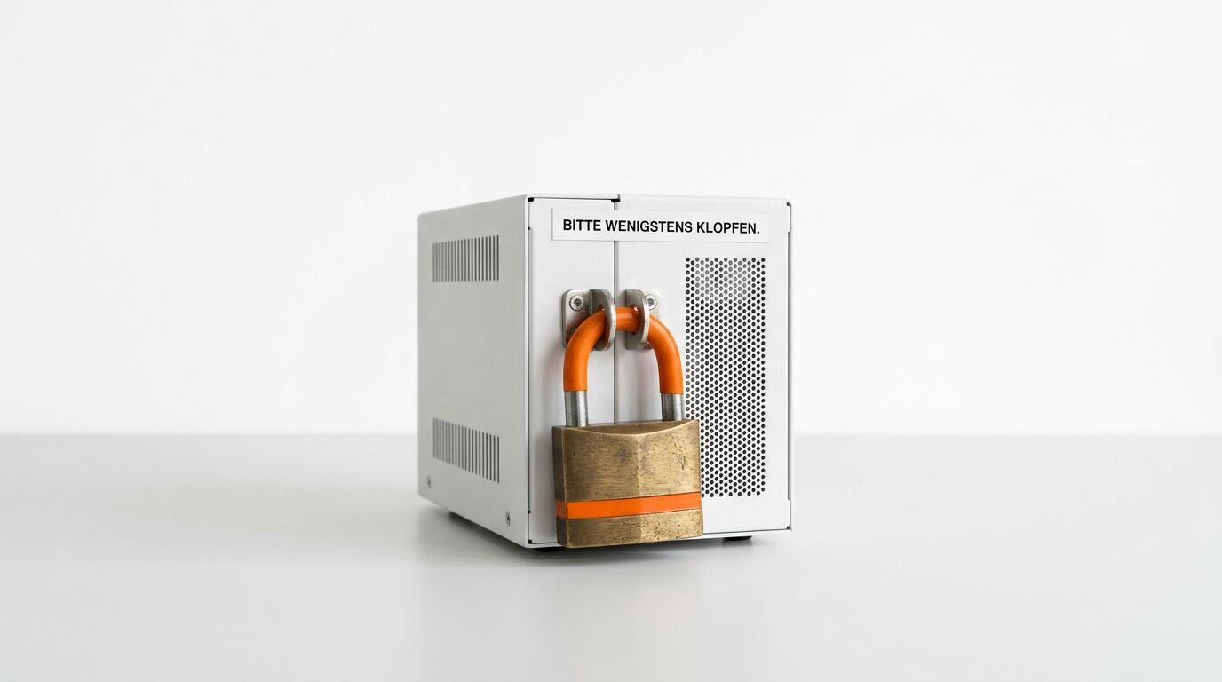 Geschlossenes IT-Gehäuse mit Vorhängeschloss und Textlabel