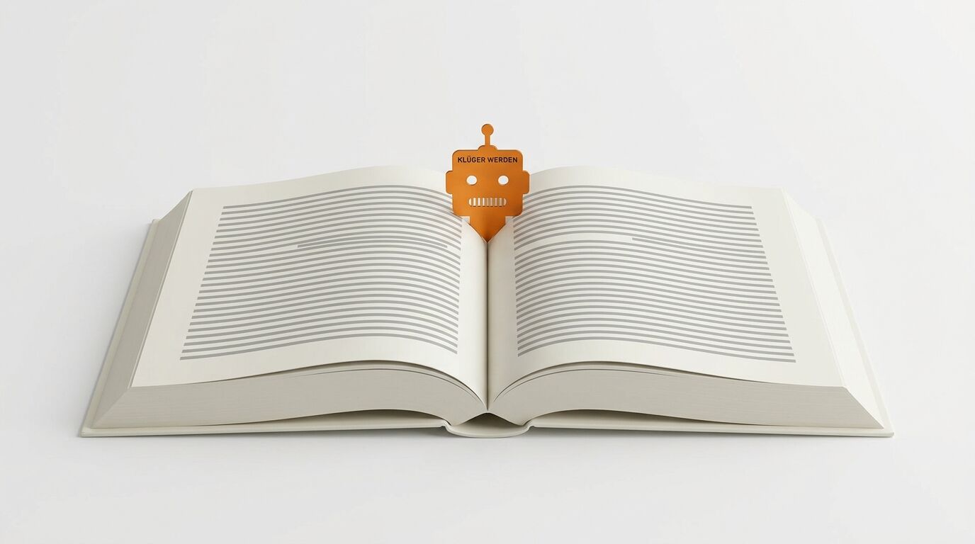 Aufgeschlagenes Buch mit Roboter-Lesezeichen, Aufschrift KLÜGER WERDEN