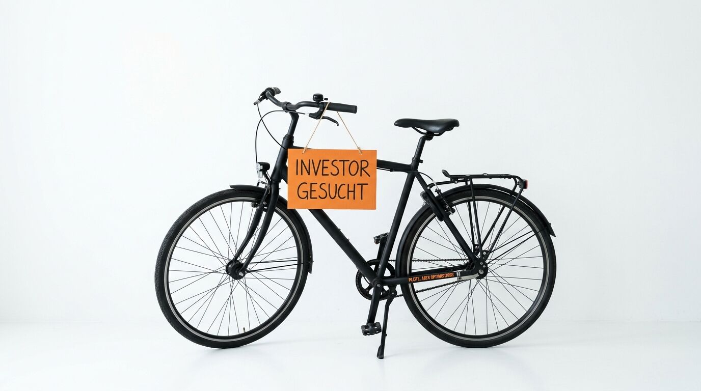 Schwarzes Fahrrad mit orangefarbenem Pappschild „INVESTOR GESUCHT“ vor weißem Hintergrund