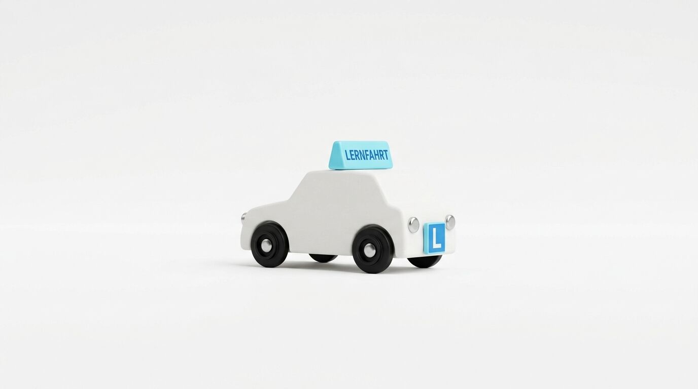 Ein weißes Spielzeugauto mit Dachaufschrift LERNFAHRT und einem blauen L am Heck auf weißem Grund