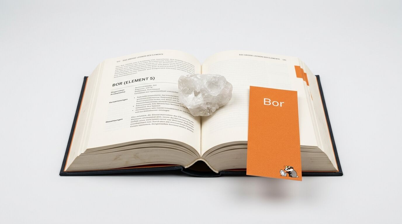 Offenes Buch über Bor mit weißem Kristall und orangefarbener Karte, fotografiert aus erhöhter Perspektive