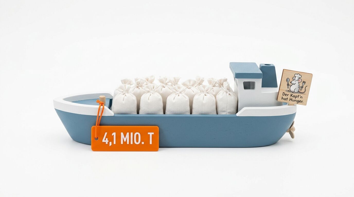Spielzeugschiff aus Holz mit Säcken, einem orangefarbenen Schild und einem kleinen Holzschild