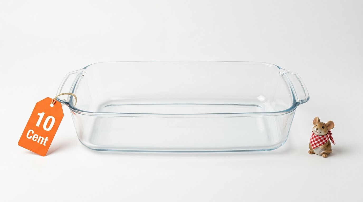 Glaskasserolle mit 10-Cent-Preisschild und kleiner Dekomaus vor neutralem Hintergrund