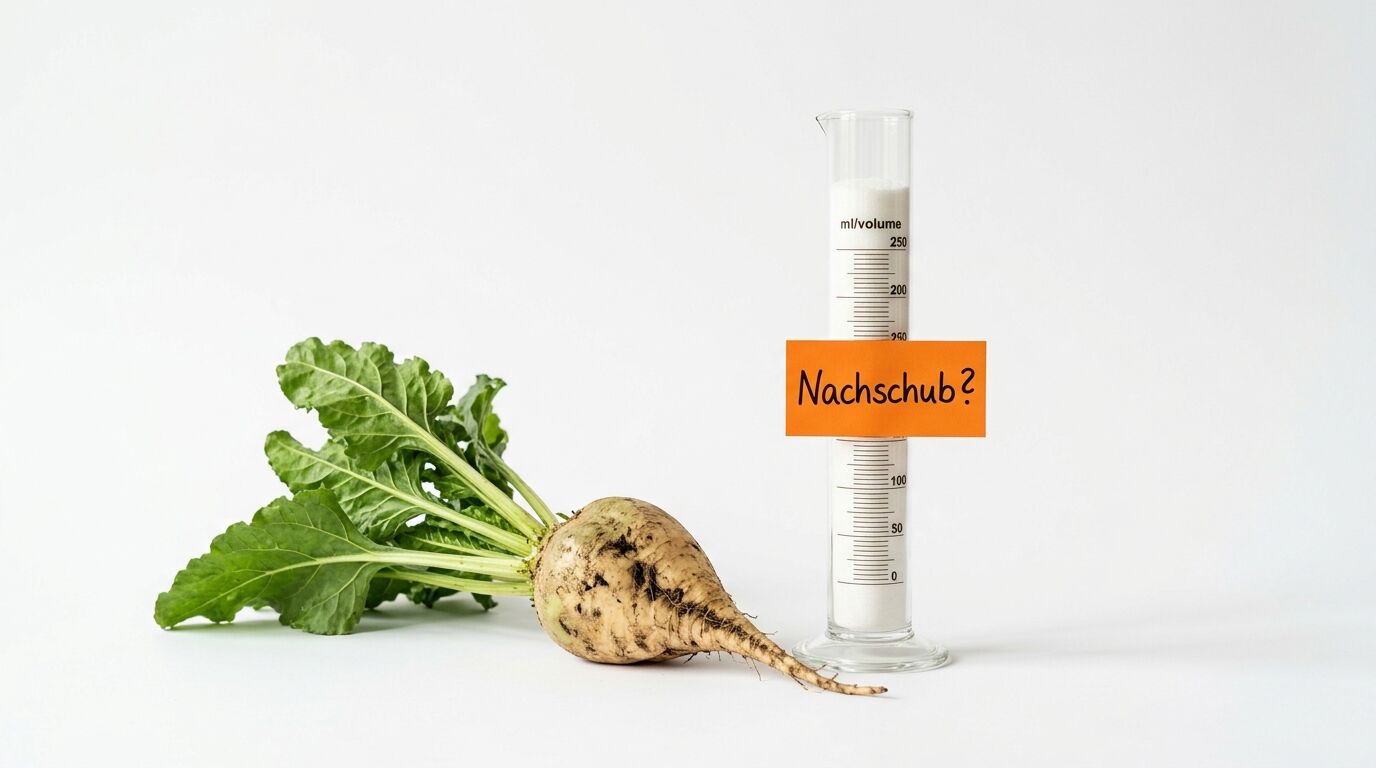 Eine Zuckerrübe und ein Messzylinder mit der Aufschrift