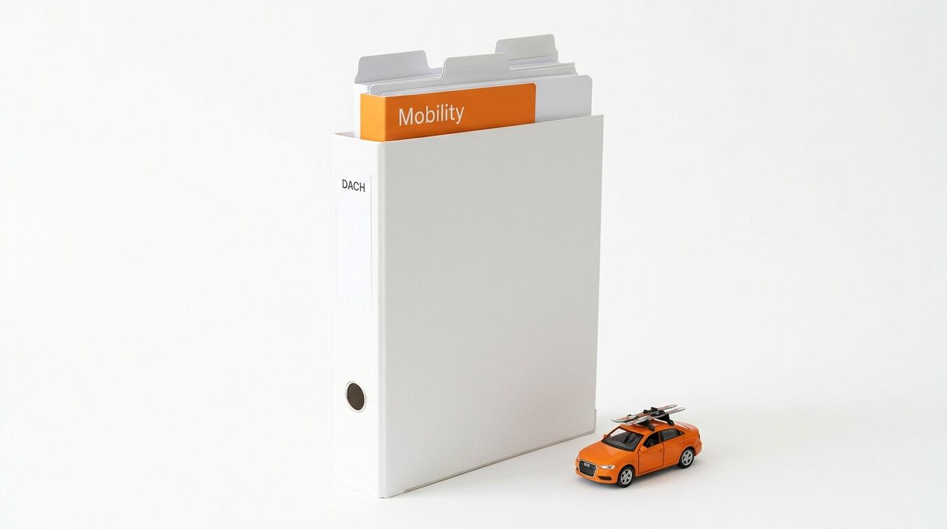 Ein Stehordner mit der Aufschrift „DACH“, Trennblättern und einem orangefarbenen Trennblatt mit der Aufschrift „Mobility“, daneben ein orangefarbenes Modellauto mit Skiern auf dem Dach, vor weißem Hintergrund