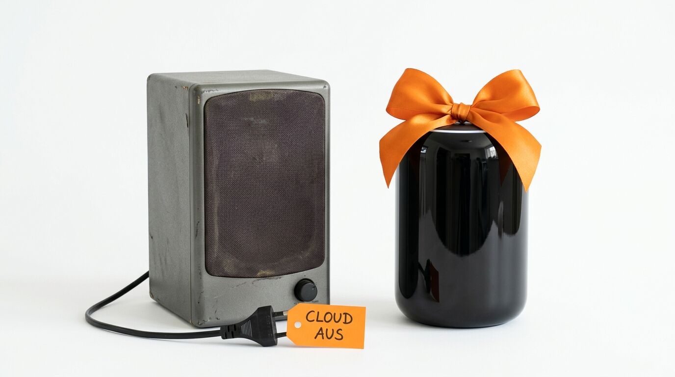 Ein grauer Lautsprecher mit „CLOUD AUS“-Schild neben einem Smart-Speaker mit orangefarbener Schleife