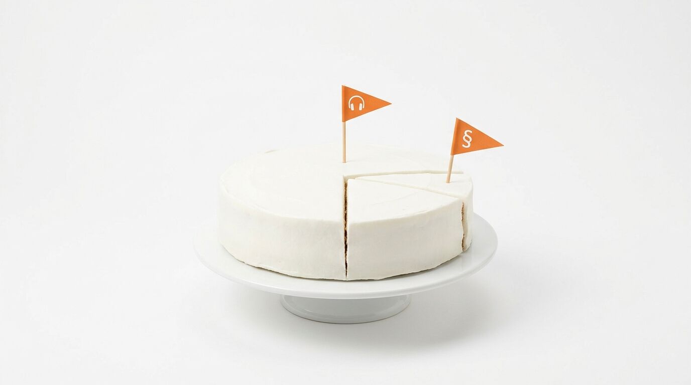 Weißer Kuchen auf Ständer mit zwei orangefarbenen Fähnchen, die Kopfhörer- und Paragraphen-Symbol zeigen