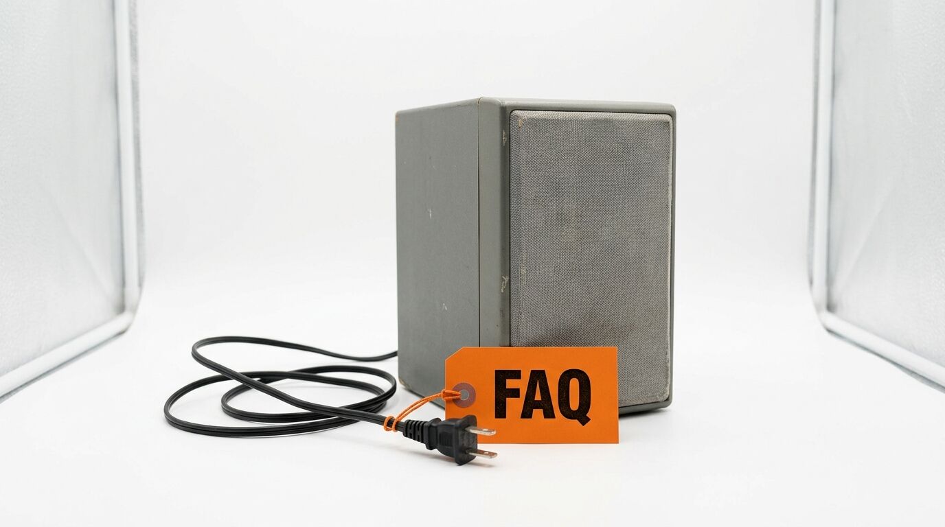 Ein grauer Lautsprecher mit Kabel und ein orangefarbenes FAQ-Schild davor