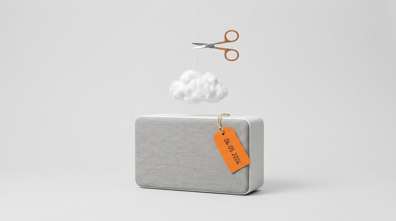 Ein Lautsprecher mit Etikett steht unter einer Wolke, die an einem Faden mit Schere hängt