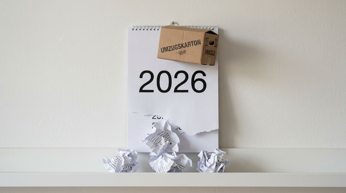Kalender 2026 mit kleinem Umzugskarton an Wand, Papierknäuel davor