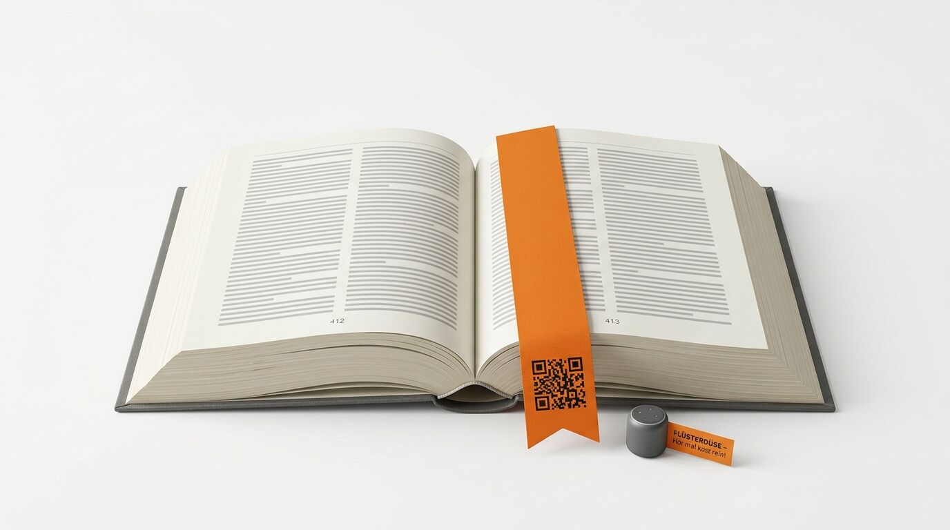 Ein aufgeschlagenes Buch mit einem orangefarbenen Lesezeichen mit einem QR-Code