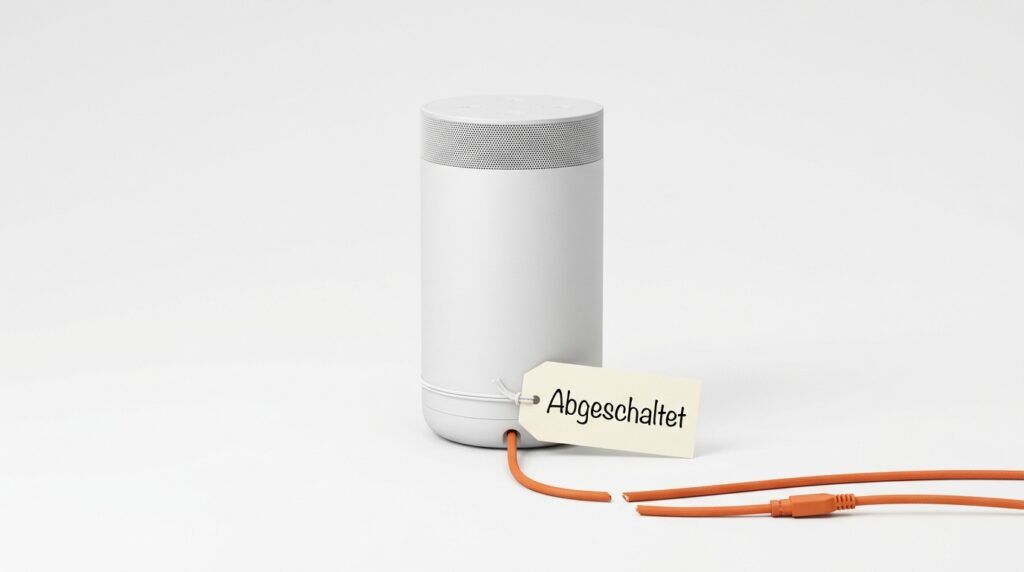 Bose Soundtouch: Ein weißer Lautsprecher mit durchtrenntem orangem Kabel und dem Etikett „Abgeschaltet“