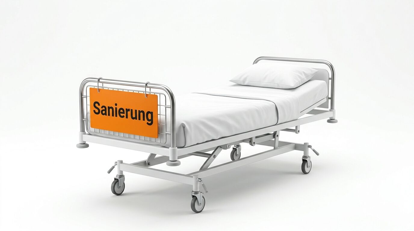 Krankenbett auf Rädern mit weißer Wäsche und orangefarbenem Schild „Sanierung“ am Fußende