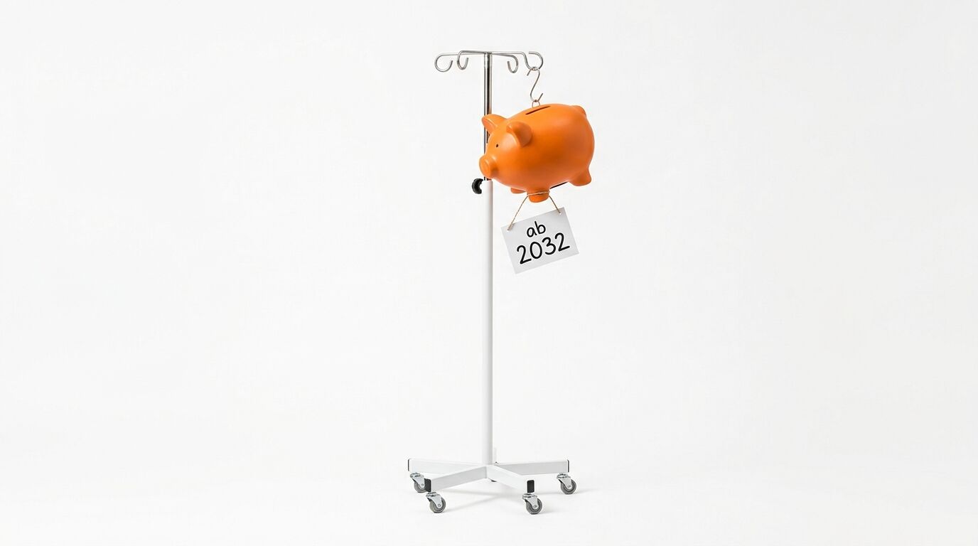 Ein Sparschwein am Infusionsständer mit dem Schild „ab 2032“ vor weißem Hintergrund