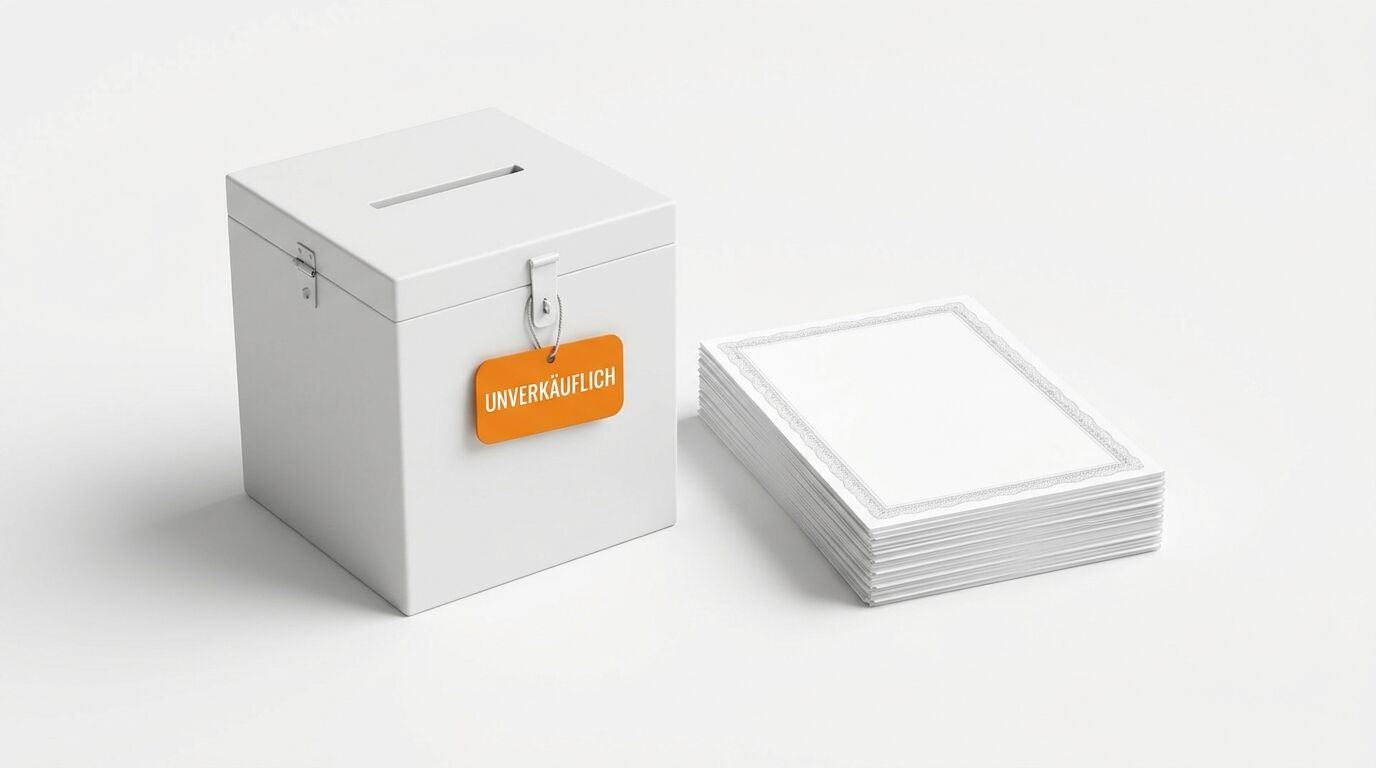 Weiße Spendenbox mit orangefarbenem Schild „UNVERKÄUFLICH“ und daneben ein Stapel Blankourkunden