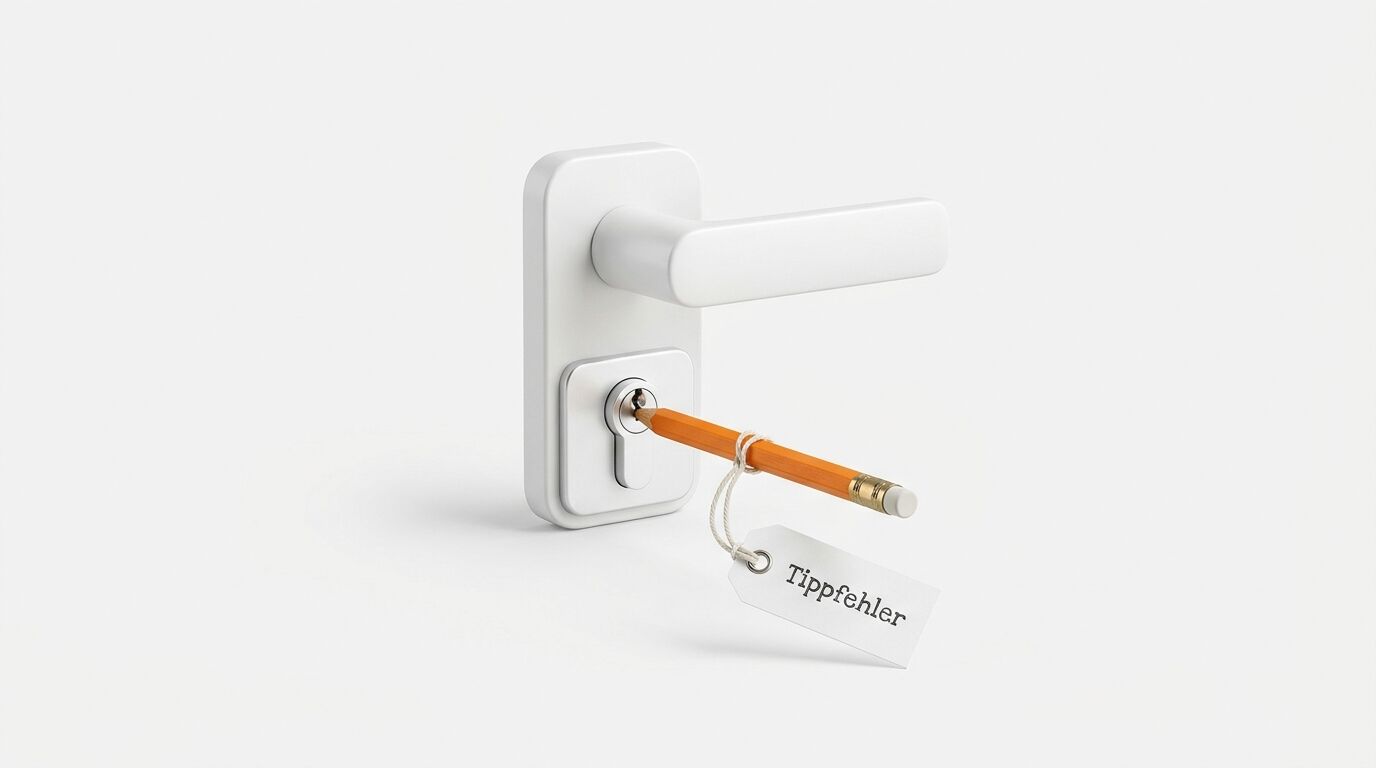 Ein Bleistift mit Anhänger „Tippfehler“ steckt in einem weißen Türschloss