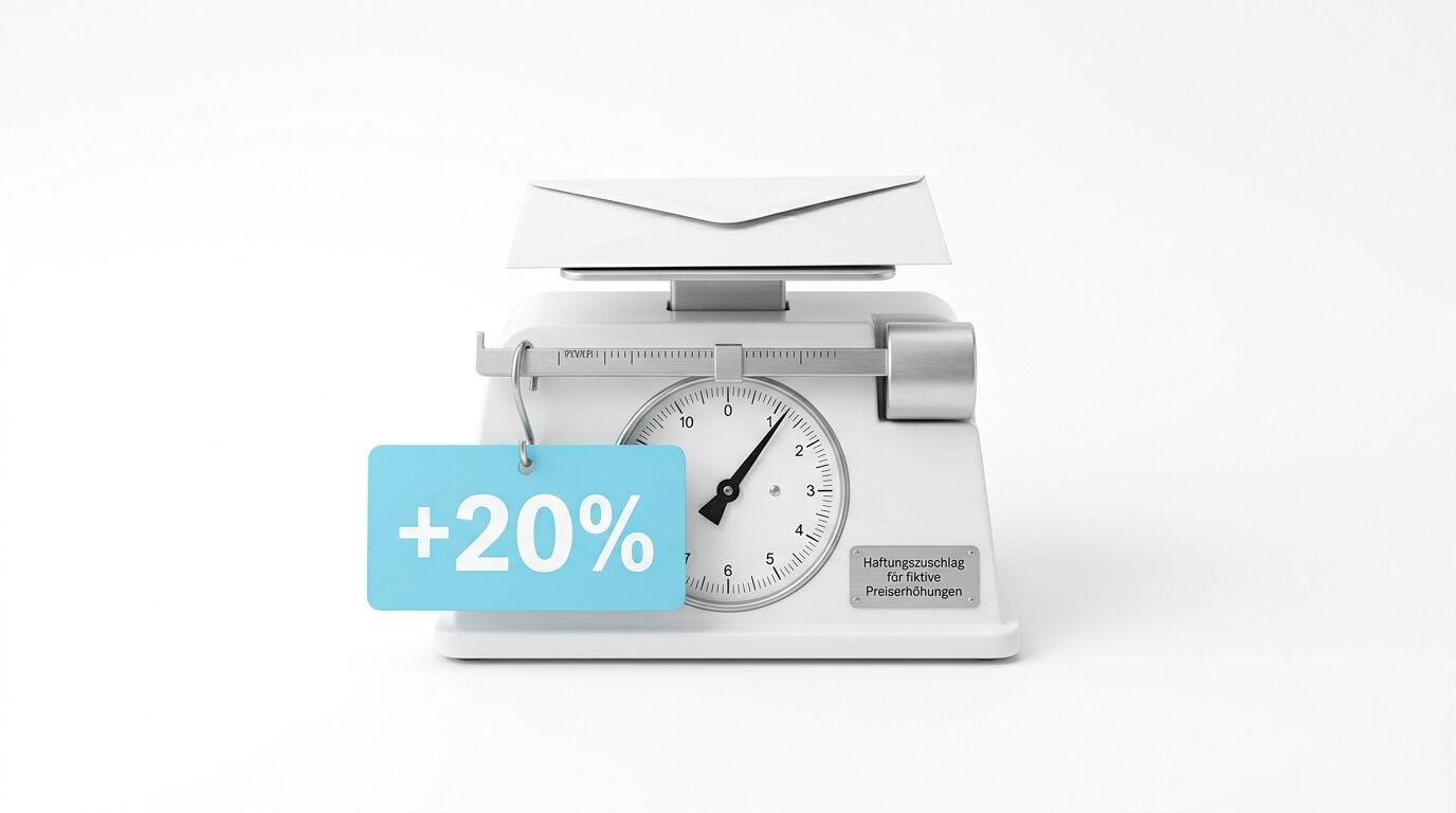 Briefwaage mit Brief und blauem Schild „+20%“ vor weißem Hintergrund