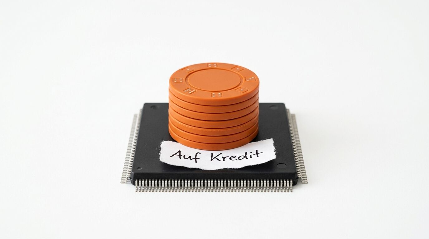 Chip mit Pokerchips, Zettel „Auf Kredit“: ein stilles Symbol für riskante digitale Geschäfte