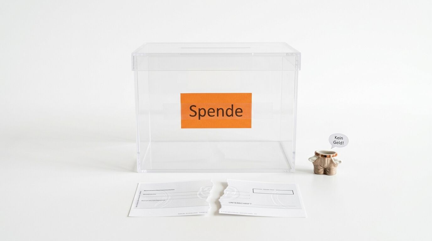 Leere Acrylbox mit Aufschrift „Spende“, zerrissene Quittung und leere Figur daneben