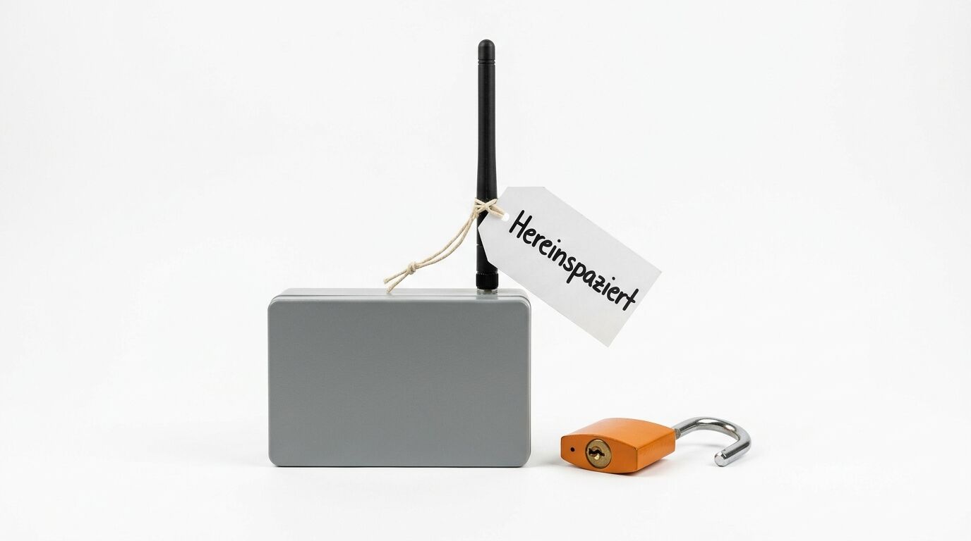 Graues Funkgerät mit Antenne, daran ein Schild „Hereinspaziert“, daneben ein offenes Vorhängeschloss