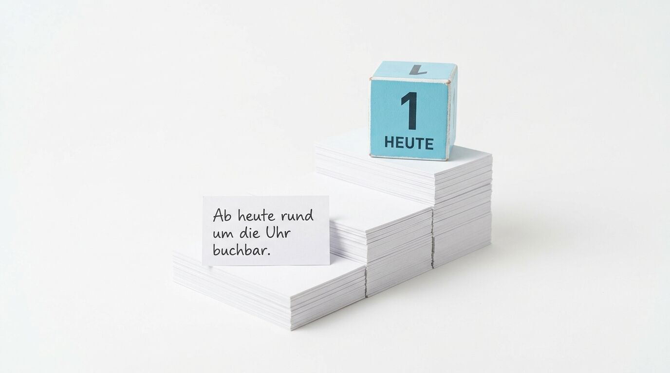 Ein blauer Kalenderblock mit "1 HEUTE" auf gestapelten weißen Papieren. Daneben eine Notiz mit deutschem Text