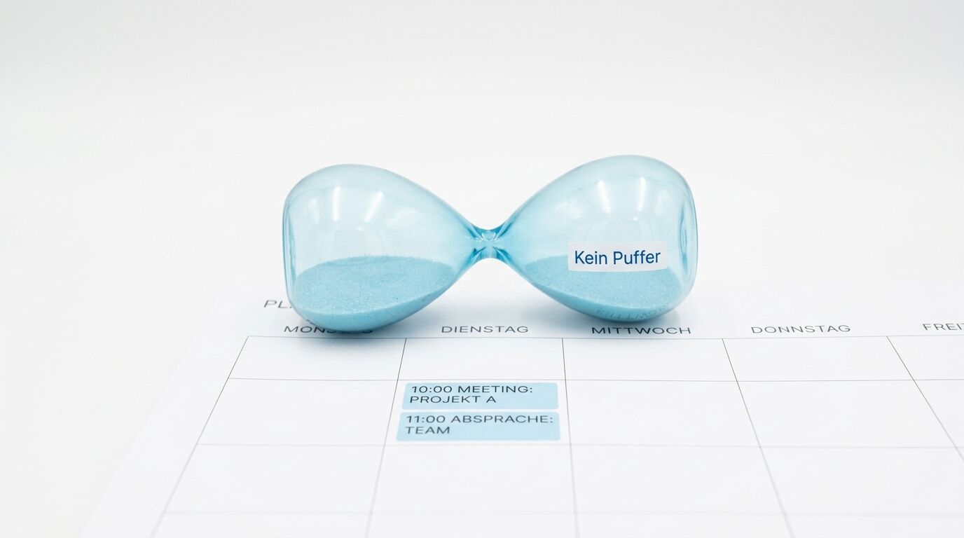 Sanduhr mit blauem Sand auf Wochenkalender, beschriftet "Kein Puffer" mit Terminen