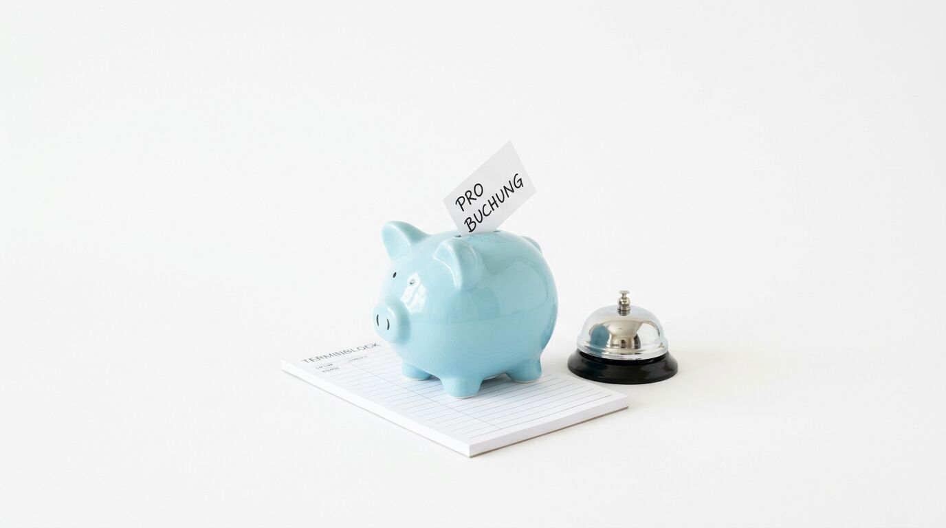 Blaues Sparschwein mit "Pro Buchung"-Zettel, Notizbuch und Klingel auf weißem Hintergrund