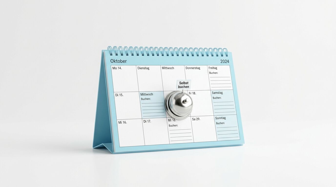 Spiralgebundener Tischkalender für Oktober 2024 in Blau mit Wochenübersicht und Buchungsfeldern, versehen mit einer silbernen Klingel