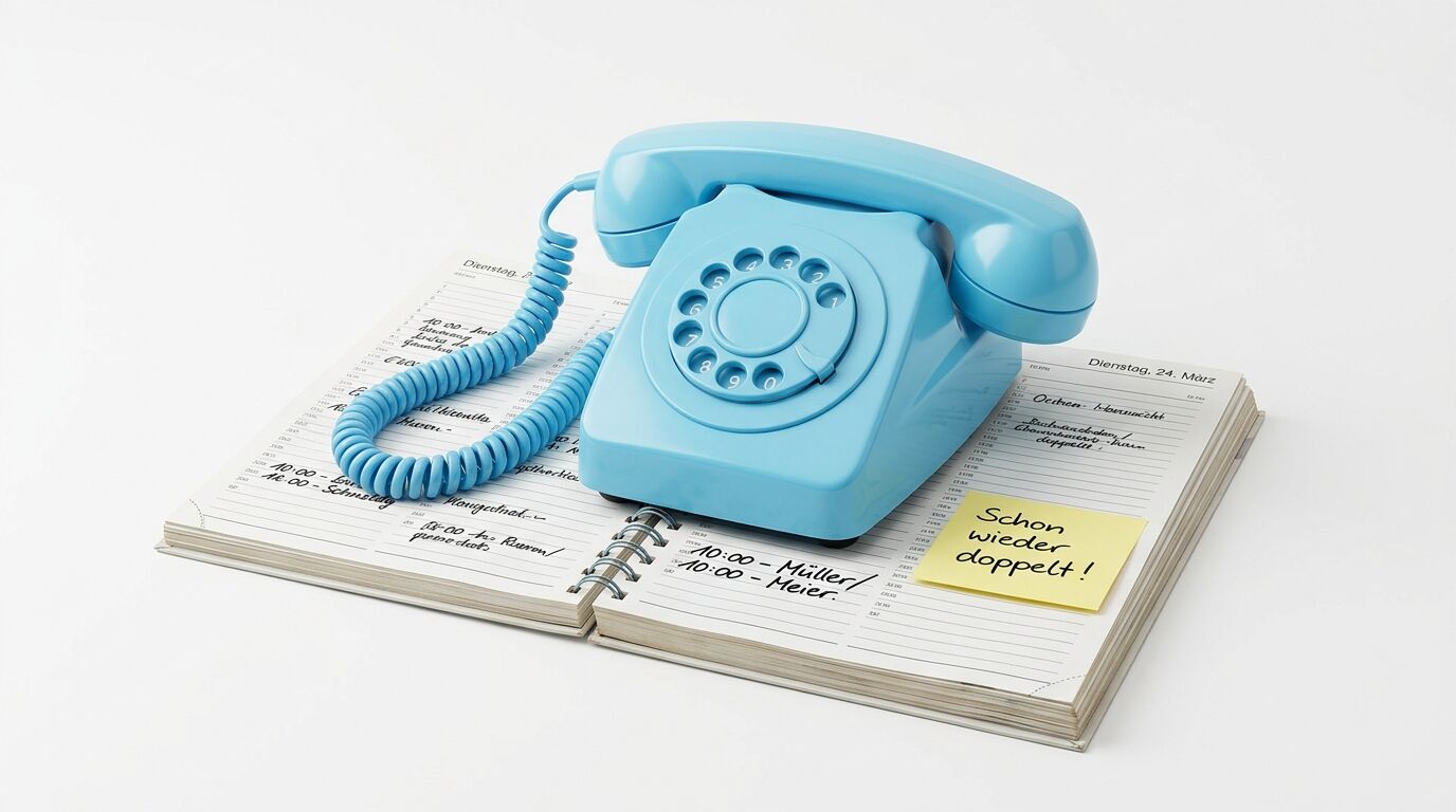 Ein hellblaues Schnurtelefon sitzt auf einem aufgeschlagenen Terminkalender mit handschriftlichen Notizen und einer gelben Haftnotiz