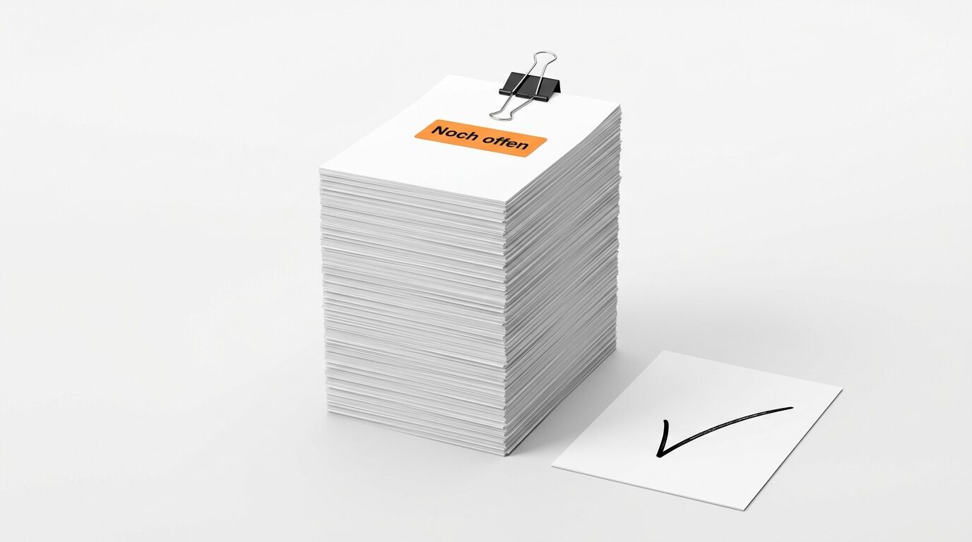 Hoher Papierstapel mit Klammer u. Label „Noch offen“ neben Blatt Papier mit Haken