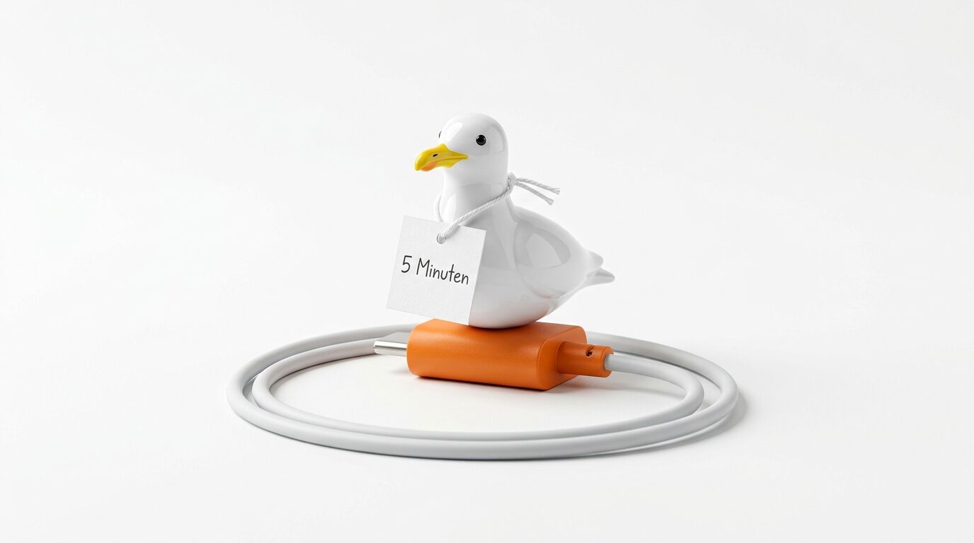 Möwenfigur auf einem USB-C-Kabel mit dem Schriftzug „5 Minuten“