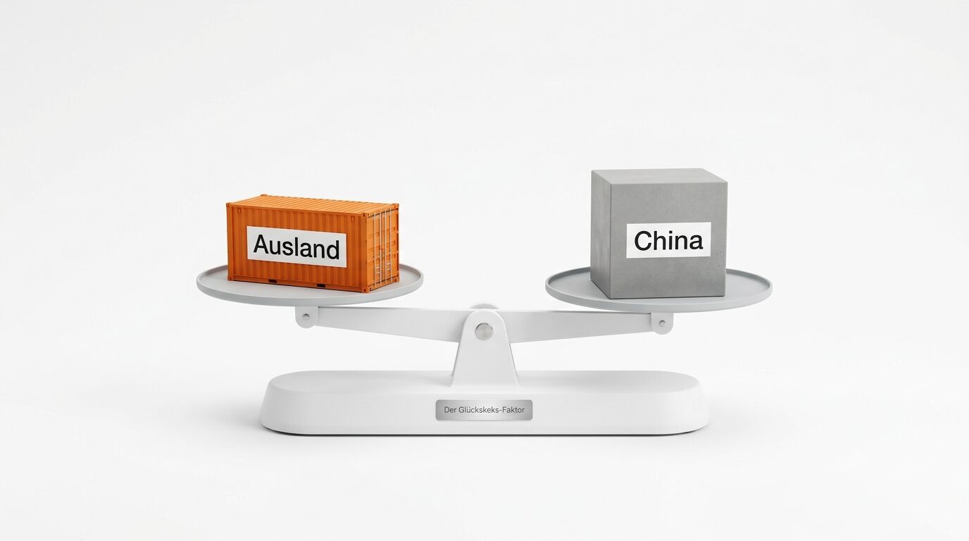 Waage mit Container „Ausland“ und Würfel „China“, schwereres Gewicht rechts