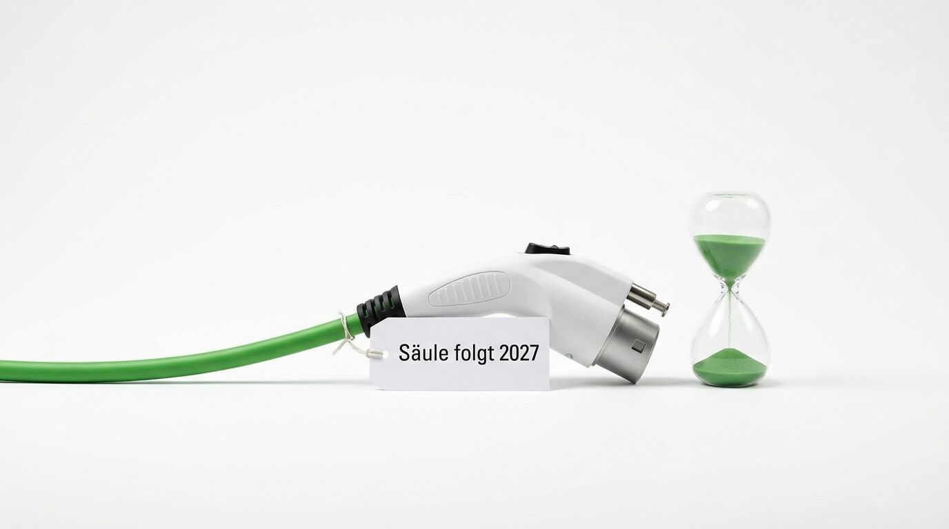 Ladekabel mit Anhänger „Säule folgt 2027“ neben Sanduhr mit grünem Sand