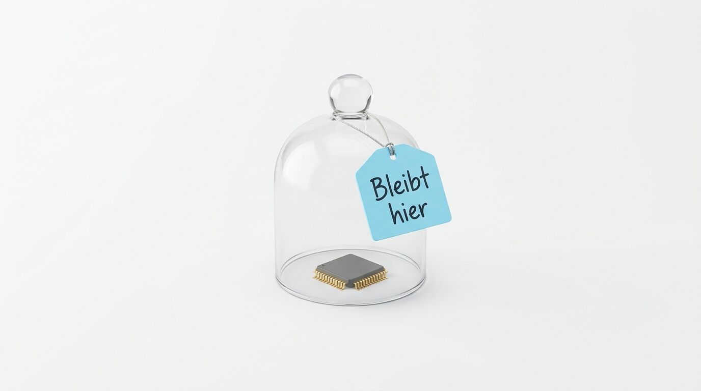 Mikrochip unter Glasglocke mit Etikett „Bleibt hier“, vor weißem Hintergrund
