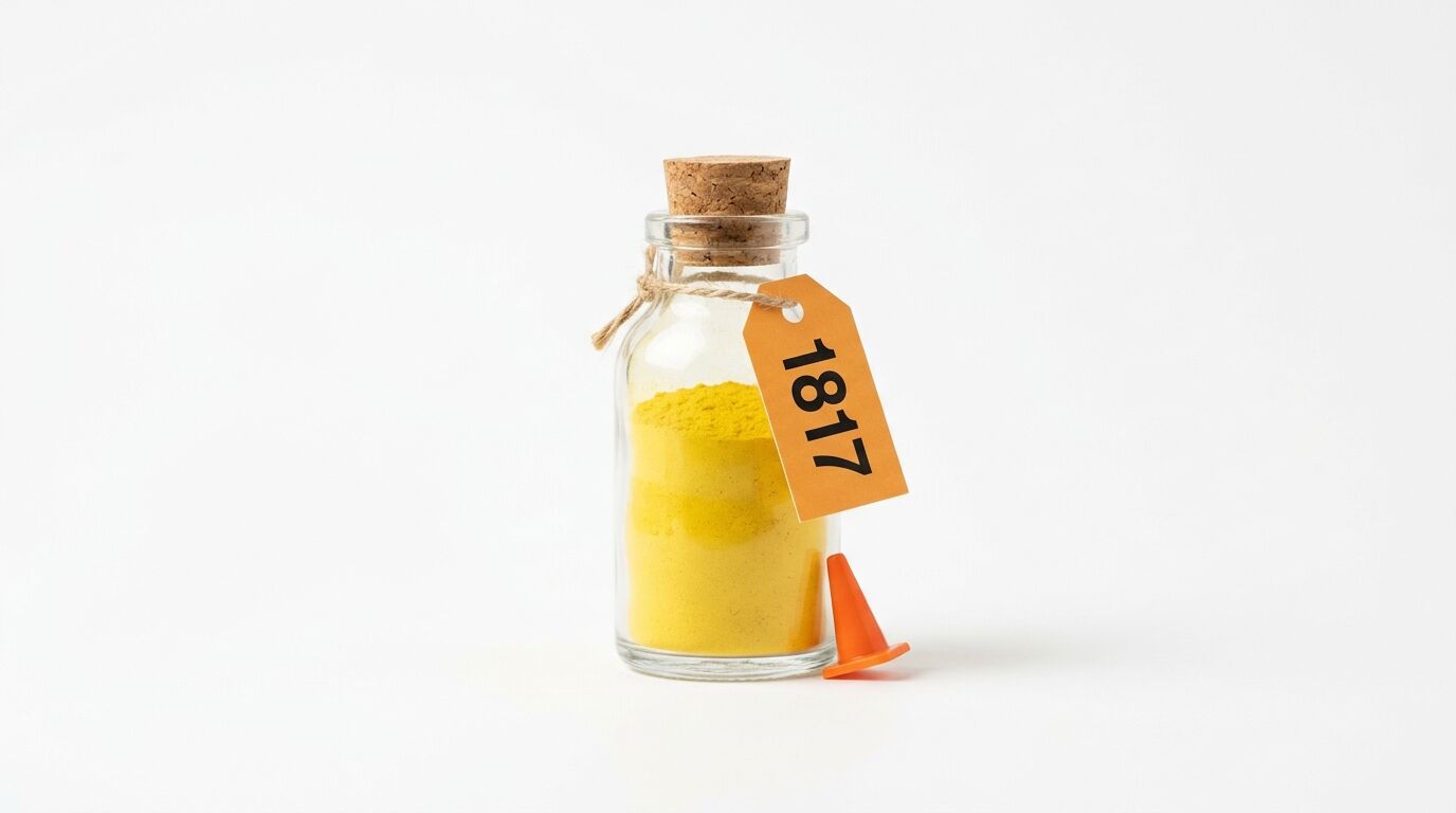 Ein Glasfläschchen mit gelbem Pulver, einem Korkverschluss, einem orangefarbenen Anhänger und einem kleinen orangefarbenen Kegel daneben auf weißem Hintergrund