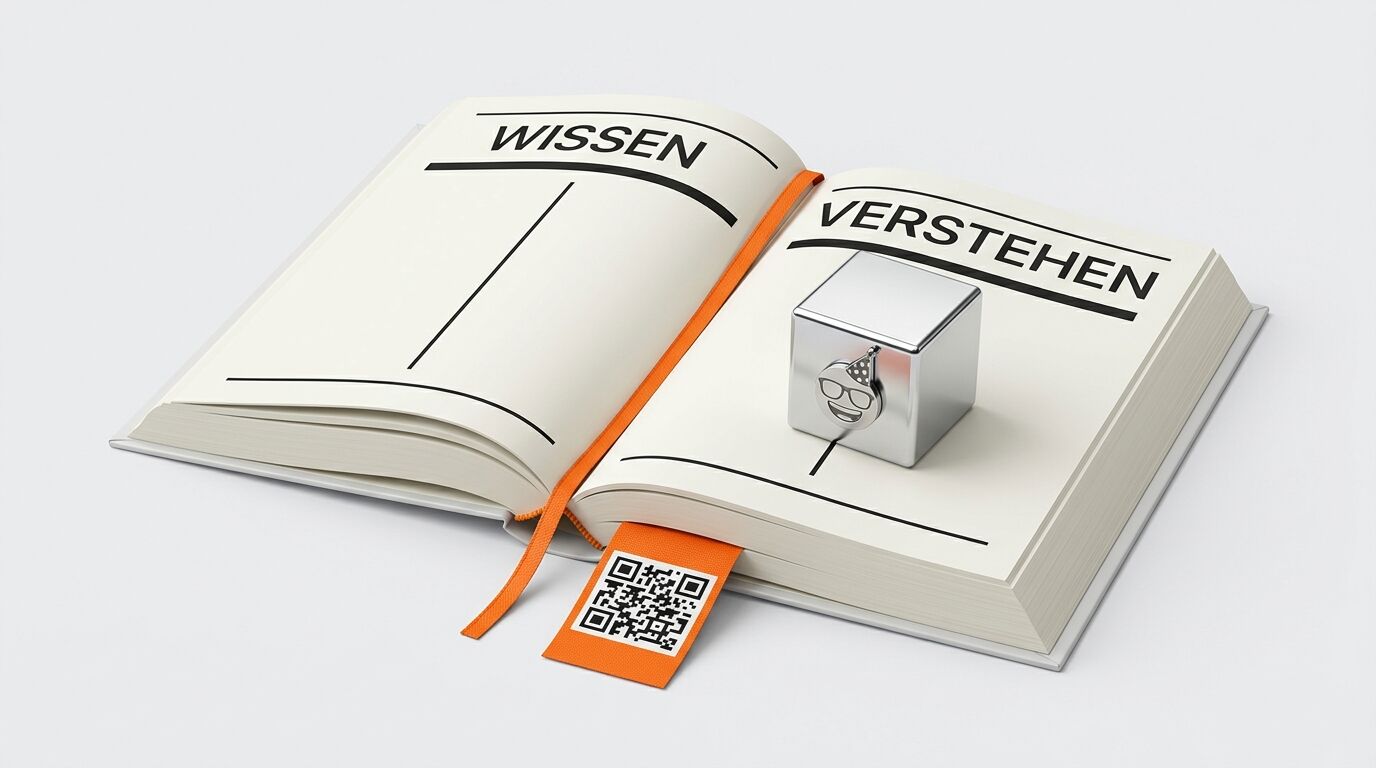 Buch „WISSEN VERSTEHEN“ mit Metallwürfel und QR-Code-Lesezeichen auf Weiß