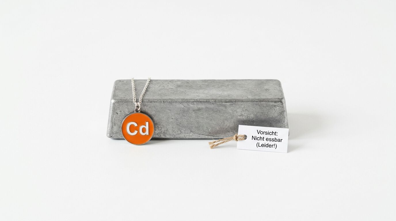 Ein Cadmium-Barren mit einer Cd-Kette und Warnschild vor weißem Hintergrund