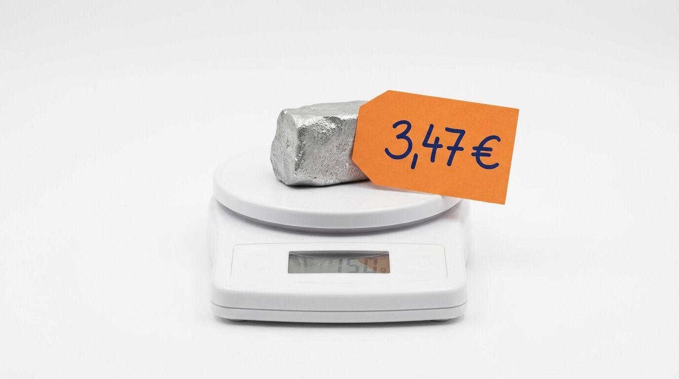 Metallklumpen (150 g) auf Waage mit Preisschild (3,47 €) auf Weiß